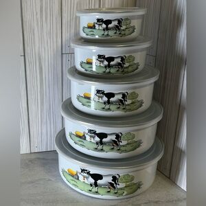 Primitive Kitchen Bowls Metal with Lids HOLSTEIN COW FARMHOUSE Barn Milk